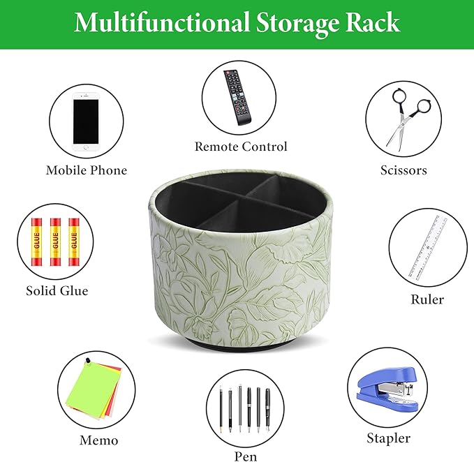 Hennaja Round Leather Art Supply Organizer,Remote Control Holder,360 Degree Spinning,Multi-Functional Pencil Holder,4 Compartments Desktop Stationary Organizer(1-Carved Green)