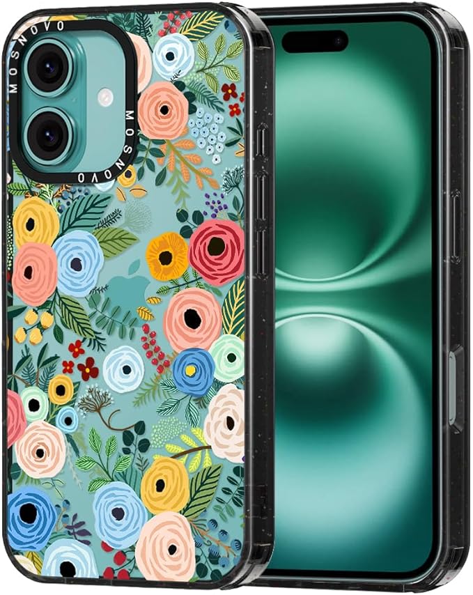MOSNOVO Case for iPhone 16 Plus, [10ft 4X Military-Grade Drop Protection] Durable & Shockproof Phone Case Cover Design for iPhone 16 Plus - Pastel Floral Garden - Clear Black