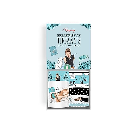 Rongrong Breakfast at Tiffany’s PET + Washi Tape Box – Luxe Fashion-Inspired Stationery Set with Foil Accents – 6 Rolls for Planners, Journals, Scrapbooking, Hobonichi & Crafts – Elegant Audrey Style