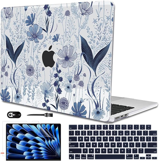 Case for M2 M3 MacBook Air 13.6 inch 2024 2023 2022 A2681 A3113 Cover with Liquid Retina Display Touch ID, Pattern Plastic Hard Shell Case Screen Film Keyboard Cover, Navy Blue Wild Flowers