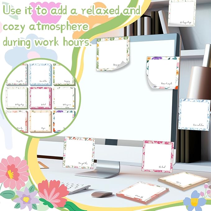 9 Pieces Flowers Designed Sticky Note Adhesive Cute Memo Notes Self-Stick Note Pads for Back to School Decorations Home Classroom Office Party Decor