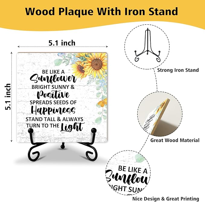Sunflower Decor Wood Sign with Stand, Inspirational Gifts Motivational Gifts for Women Men Coworker Friends, Home Office Positive Decor Table Centerpiece Desk Decor Plaque for Bedroom Kitchen -37
