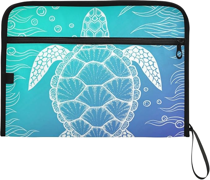 Expanding File Folder,13 Pocket Accordion File Folders with Sticky Labels,A4 Letter Size Paper Document Organizer with Zipper Closure for Office School Boys Girls，Underwater Seaweed Sea Turtle