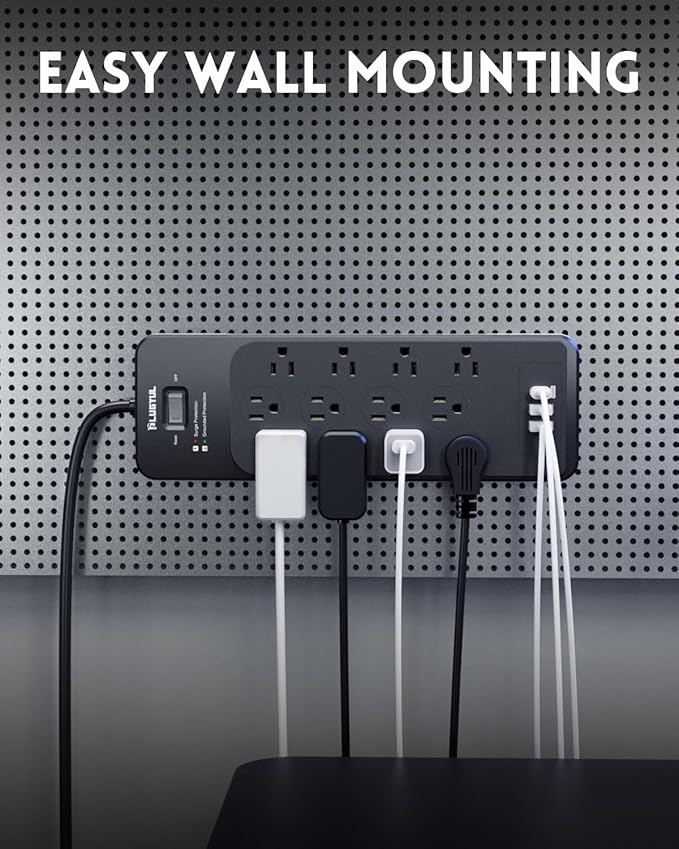 Surge Protector Power Strip 10FT(4080J), PLUGTUL Surge Protector with 12 Outlets - Spacious Design for Large Plugs, Flat Plug, 20W USB C Charging for Home, Office, ETL Listed