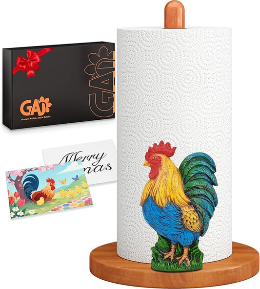 Rooster Paper Towel Holder Countertop, 3D Modern Chicken Farmhouse Kitchen Counter Decor, Cute Rooster Wooden Stand for Bathroom & Home Indoor Table Accessories, Gift for Women, Housewarming Gifts