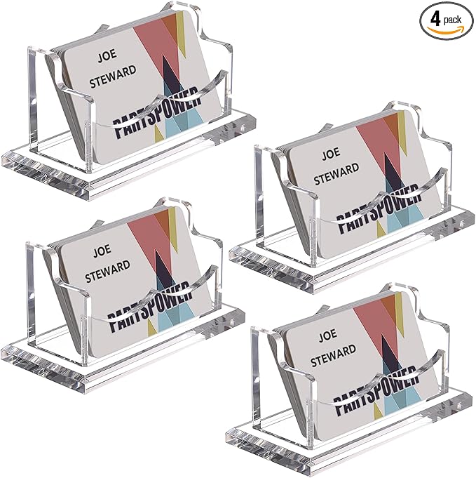 PARTSPOWER 4 Packs Acrylic Business Card Holders for Desk, Horizontal Clear Business Name Card Display Stand, Desk Accessory Business Name Card Organizer (Horizontal, 1-Slot)