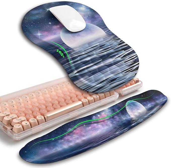 Hokafenle 2in1 Combination, Wave Keyboard Wrist Rest and Ergonomic Curvature Mouse Pad Wrist Support for Relieve Wrist Pain, Filled with Soft Cushion Memory Foam, Moonlit Starry Sea