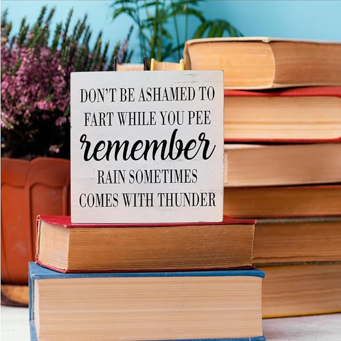 HTBIG Funny Bathroom Decor Desk Decor Wooden Box Sign Rustic White Wood White Plaque Box Sign for Home Farmhouse Bar Toilet Washroom Shelf Table Decoration Don't be Ashamed to Fart While Peeing Sign