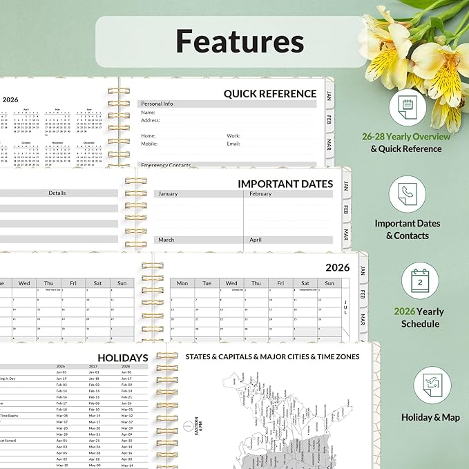 SUNEE Planner 2026 Weekly and Monthly, January 2026-December 2026, 6.4"x8.3", Tabs, Note Pages,Spiral Binding, Flora