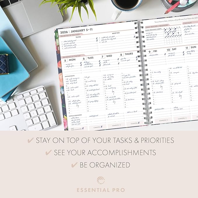 Essential PRO 2026 Daily, Weekly & Monthly Planner, 8.5"x11": 14 Months (Nov 2025 - Dec 2026) Monthly Tabs,Daily Tracking,Notes Pages,Storage Pocket,Bookmark w Sticky Notes (Small Navy Floral)