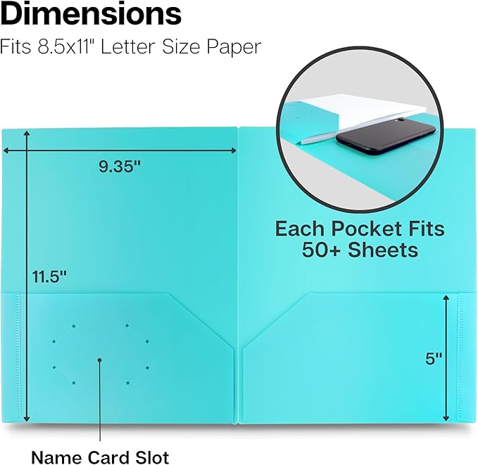 Dunwell Plastic 2-Pocket Folders, (6 Pack) Pastel Colors, 8.5x11 Folders with Pockets, Tear-Resistant Long Lasting Acid-Free Poly, Cleanable, Includes Labels
