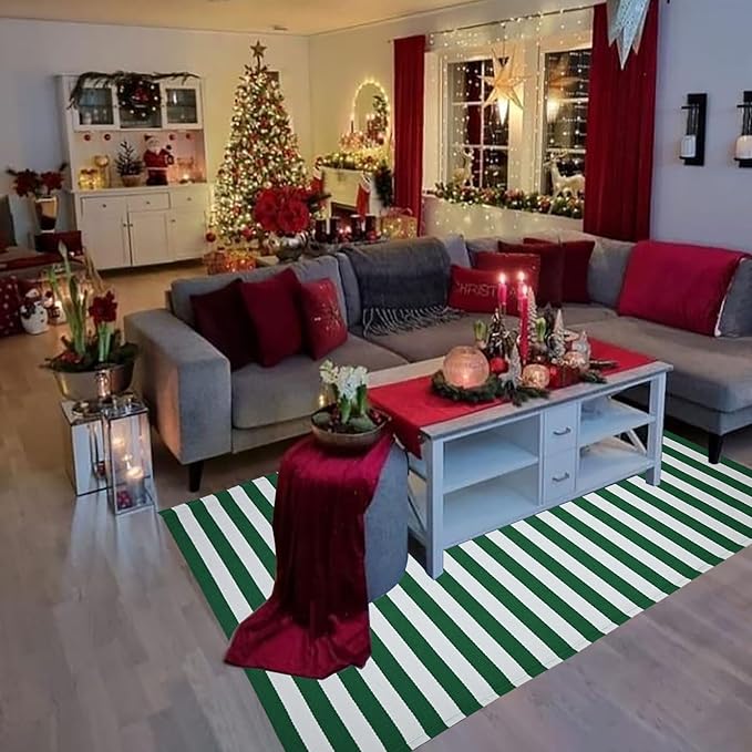 CAINANEL Christmas Outdoor mat 4' x 6' Green and White Striped Outdoor Rug Front Porch Rug,Christmas Home Decor, Layerd Welcome Doormat for Front Porch Decor, Front Door, Farmhouse Decor