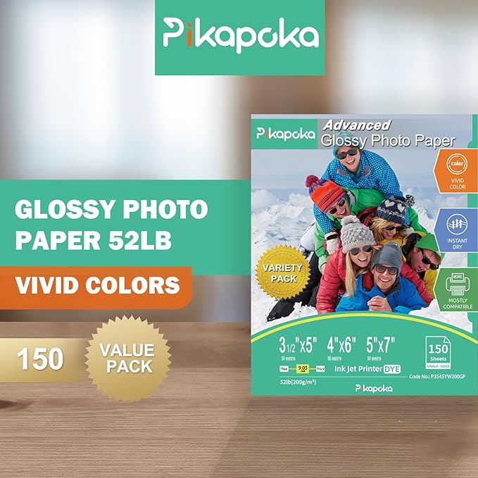 Glossy Photo Paper 3.5x5, 4x6, 5x7, Photo Printer Paper for Inkjet, 150 Bulk Variety Pack, Assorted Sizes, 52lb/200gsm (P3545YW200GP)