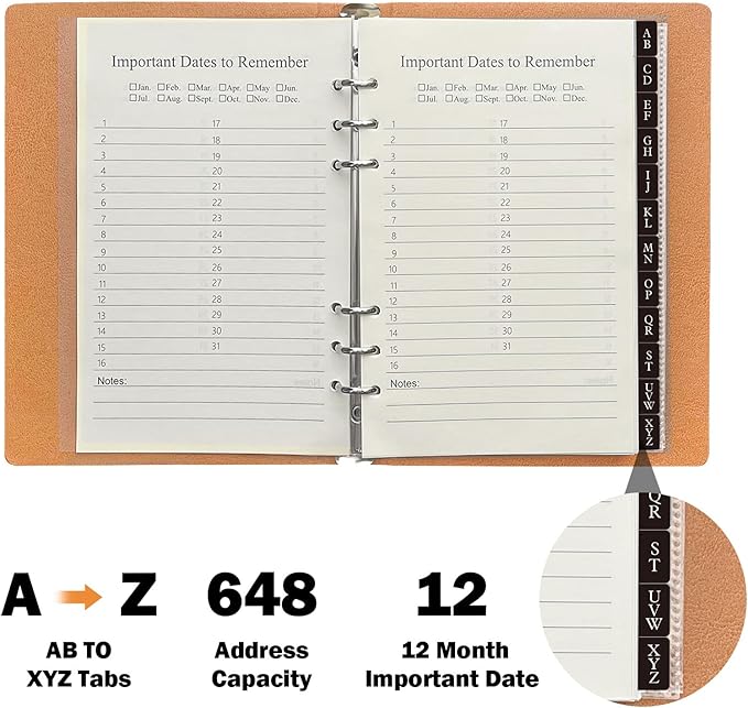 Happyaokeland Refillable Address Book with Alphabetical Tabs, Hardcover Phone Book 648 Contact Book w/Pockets, Large Print Address Books for Seniors, A5, Brown