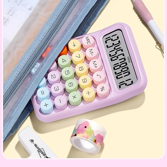 Colorful Calculator, Candy-Colored Electronic Desktop Calculators with 12Digit Large LCD Display and Big Round Buttons, Typewriter-Inspired Mechanical Key Calculator for Office,School, Home, Business