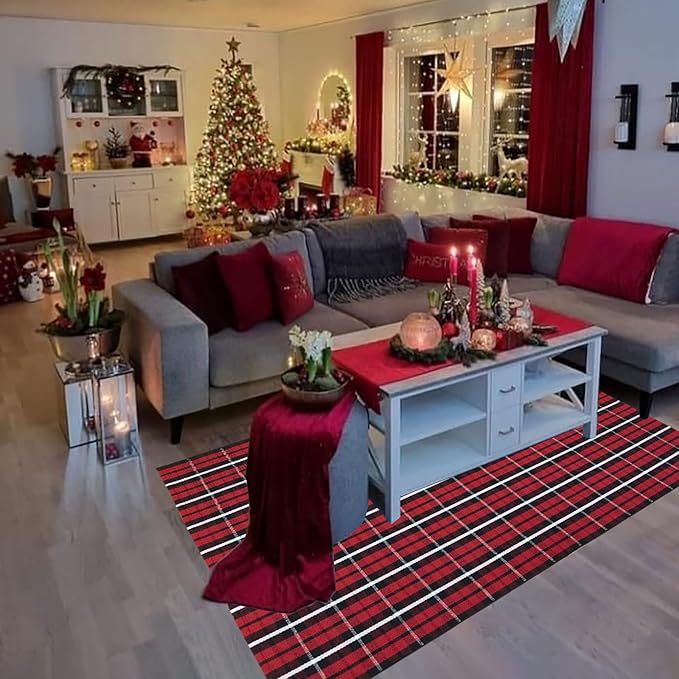 Buffalo Plaid Outdoor Rug, 4' x 6' Christmas Red & Black Check Indoor/Outdoor Area Rug, Layering Rug for Hello/Welcome Door Mat, Machine Washable Cotton Woven Farmhouse Mat for Front Porch Decor