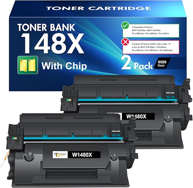 148X 148A Toner Cartridge Black High Yield Compatible Replacement for HP 148X 148A W1480X W1480A for HP Laserjet Pro 4001dw 4001dn 4001n MFP 4101fdw 4101fdn Printer Ink (with Chip) 2Pack