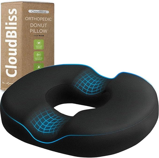 CloudBliss Donut Pillow Seat Cushion for Tailbone Pain Relief and Hemorrhoids, Memory Foam Chair Cushion, Seat Cushions for Men and Women for Home & Office, (Black-XL)