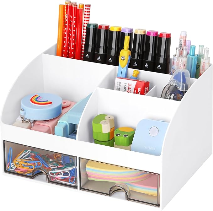 Office Desk Organizer with Drawers for Desktop/Tabletop/Counter, Desk Top Accessories Stationary Organizer Desk Caddy, Pen/Pencil/Business Card/Sticky Note Tray/Paperclip Holder Storage Box (White)