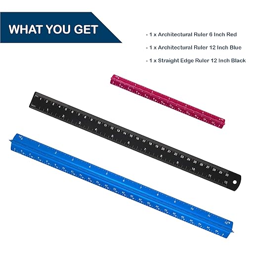Set of 3 Aluminum Engineering Scale Metal Ruler Set, Architectural Scale Rulers 12 Inch and 6 Inch Triangle Ruler and 12 Inch Straight Edge Ruler Drafting Tools for Architects, Draftsman