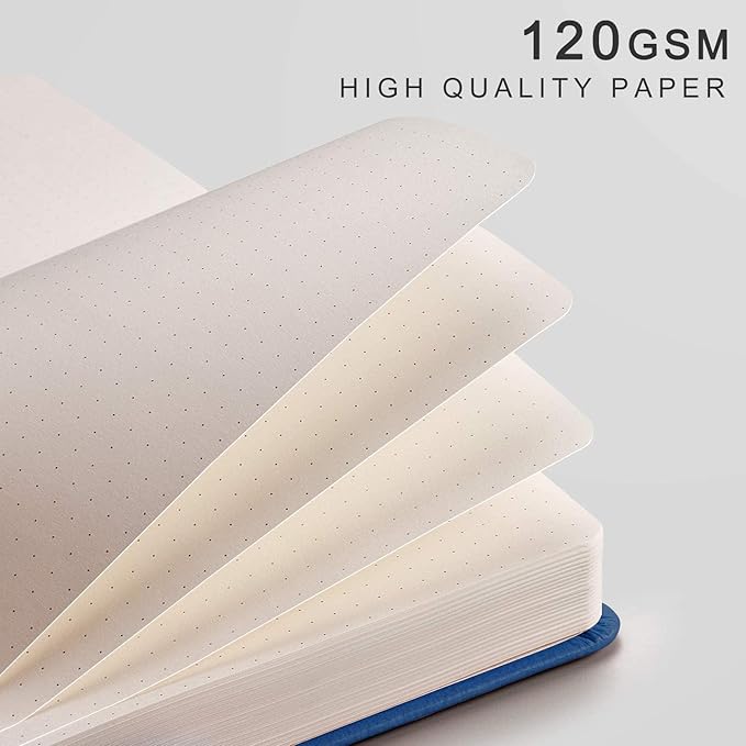 EMSHOI A5 Dotted Journal - 256 Pages with 120gsm Thick Dot Grid Paper, Hardcover Leather Dotted Notebook, 16 Perforated Pages, Pen Loop & Inner Pocket, for Bullet Journaling, 5.75” x 8.38”, Blue