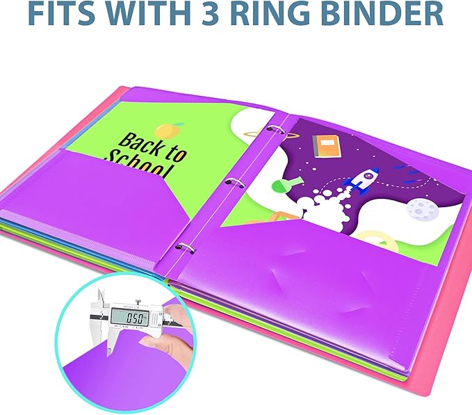 TEWRLANDE 16 Packs Heavy Duty 3 Pocket Folders with Holes, Plastic Folders with Clear Front Pocket for 3 Ring Binder, for Letter Size Paper, Assorted Colors/Card Slot