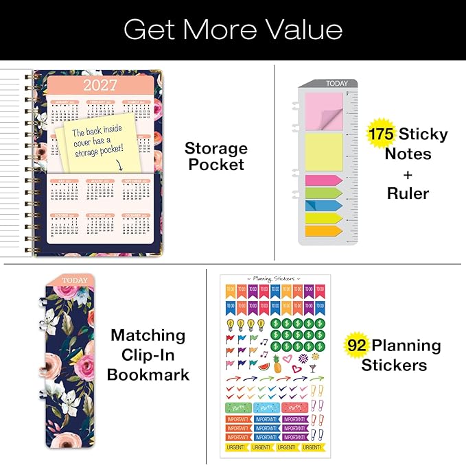 HARDCOVER 2026 Planner, 5.5"x8": 14 Months (November 2025 - December 2026), Daily Weekly Monthly Planner, Yearly Agenda, Bookmark, Pocket Folder and Sticky Note Set (Small Navy Floral)