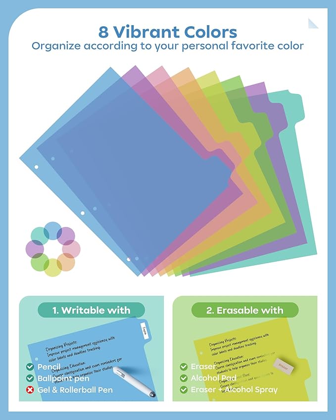 8 Tab Binder Dividers for 3 Ring Binder, 1 Set/8 Count, Thicken, Write & Erase Reusable Waterproof Plastic Binders for School & Office Files, Extra 20 Labels