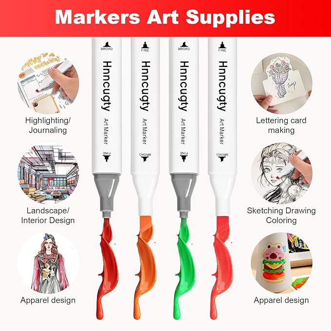 Alcohol Markers 100 Colors, Dual Tips Coloring Art Markers Set with Case & Holders, Chisel & Fine Artist Sketch Pens Art Supplies for Kids Adult Coloring Books, Drawing, Painting, Sketching