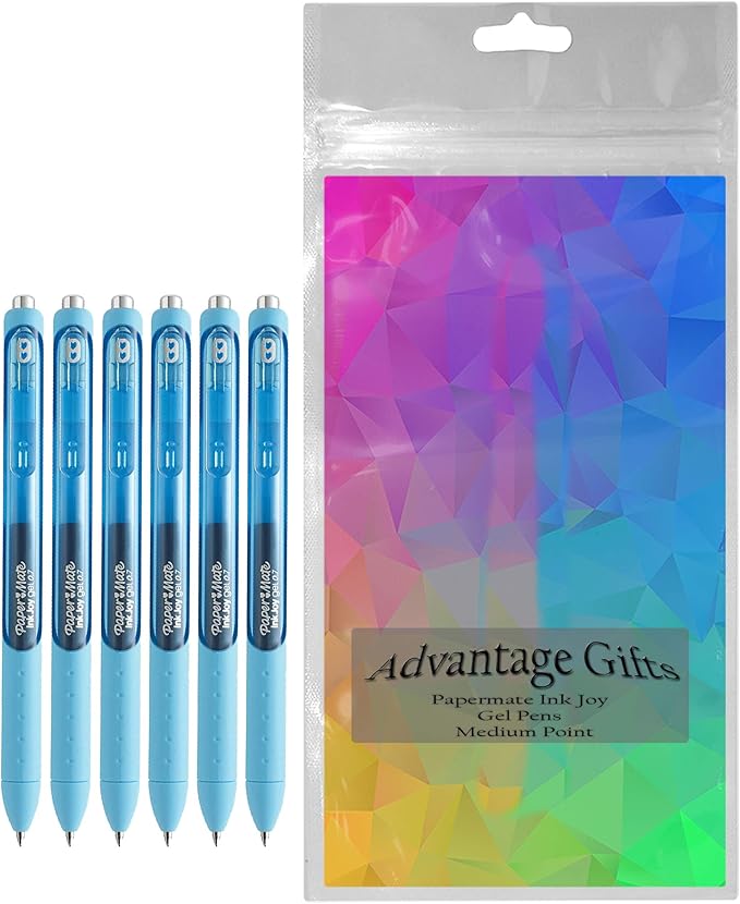 Paper Mate InkJoy Gel Pens, Bright Blue, Medium Point (0.7mm), 6 Count, Bundle with Plastic Reusable Pouch