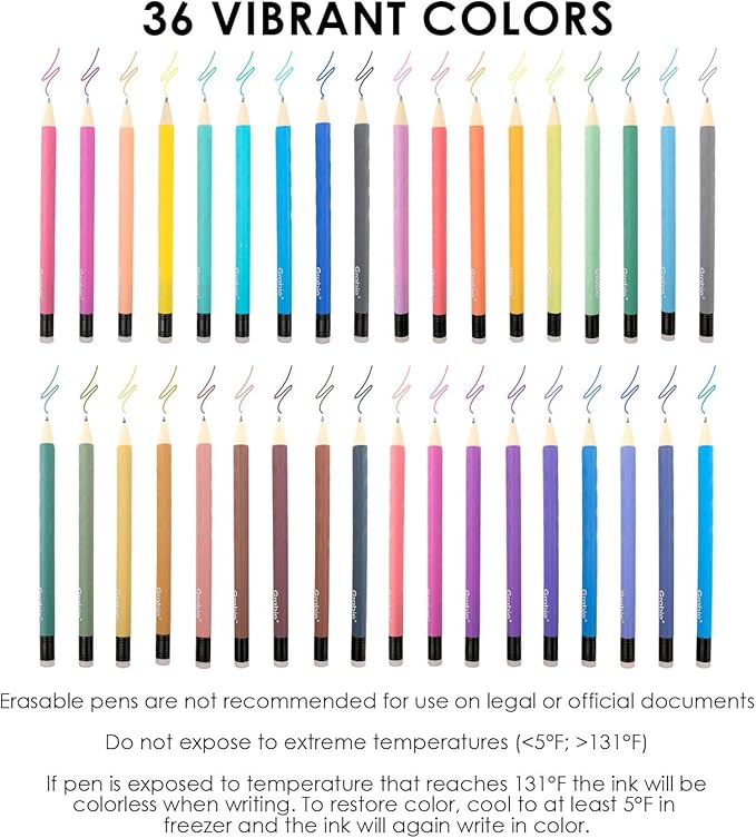 Grabie Erasable Gel Pens, 36 Colors Erasable Pens, Make Mistakes Disappear Colored Pens, Assorted Color Inks for Drawing Writing Planner,Gel Pens for Coloring, Set of 36