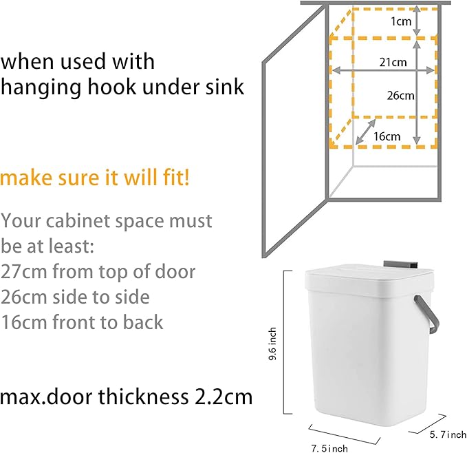 stonespace Hanging Small Trash Can with Lid Under Sink for Kitchen，1.3 Gallon/ 5L Mountable Compost Pail，Kitchen Compost Bin for Countertop, White