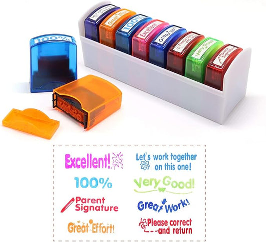 Reliancer Colorful Self-Inking Motivation School Grading Teacher Stamp Set and Tray (8-Piece)