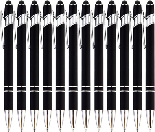 PASISIBICK 12 Pieces Black Ballpoint Pen with Stylus Tip, 2 in 1 Stylus Pen, Premium Metal Stylus Pen for Touch Screens, Black Ink, 1.0 mm Medium Point(12 Black)