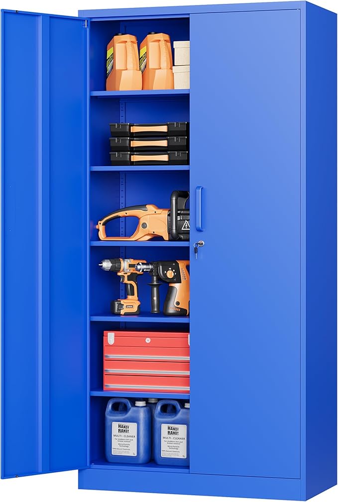 STANI Metal Garage Storage Cabinet with Lock, 71" Steel Lockable File Cabinet, Locking Steel Storage Cabinet with 5 Adjustable Shelves for Home, Office, Garage, Warehouse (Blue, 2 Door - 71" H)
