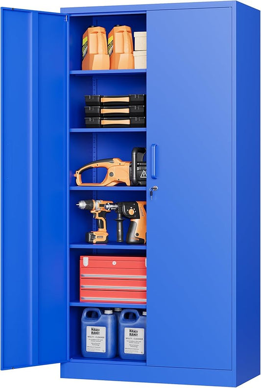 STANI Metal Garage Storage Cabinet with Lock, 71" Steel Lockable File Cabinet, Locking Steel Storage Cabinet with 5 Adjustable Shelves for Home, Office, Garage, Warehouse (Blue, 2 Door - 71" H)