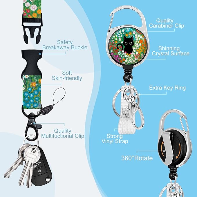Gctriki Lanyards for Id Badges and Keys, Black Cat Flower Id Badge Holder, Cute Retractable Heavy Duty Badge Reel with 360 Degrees Rotate Carabiner Clip, Teacher Nurse Doctor Women Office Gifts