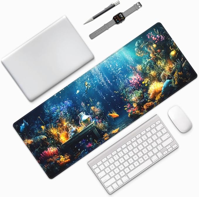 Underwater Mouse Pad 31.5 X 11.8 Inch Big Desk Rubber Base Stitched Edges Keyboard Pad XXL Mouse Mat for Home Game and Office