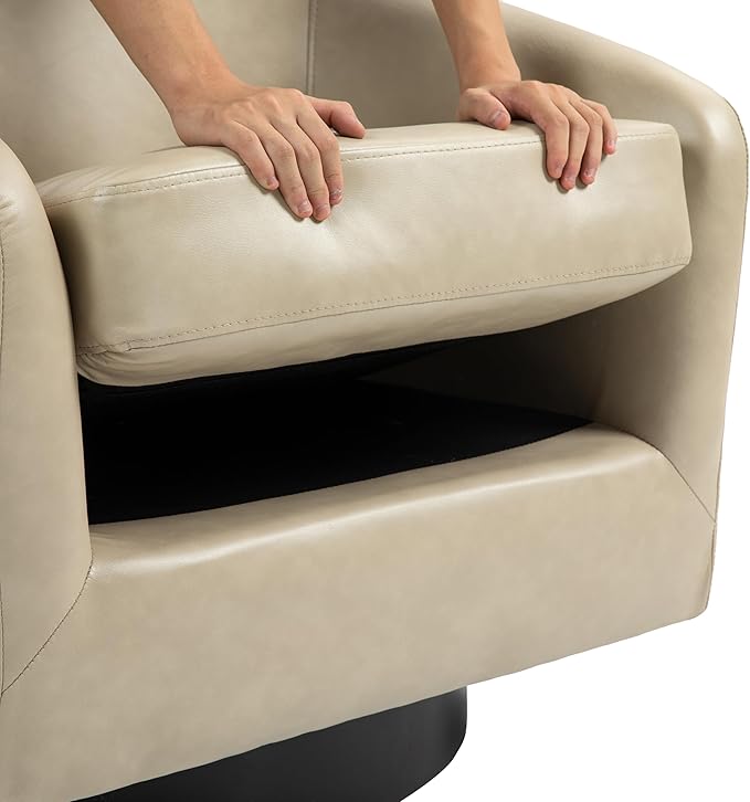 UIXE Faux Leather Swivel Accent Chair with Wood Base, Modern Upholstered Barrel Chairs for Living Room, Comfy Round Armchair Single Sofa Bedroom Reading Seat - 31" W, Cream