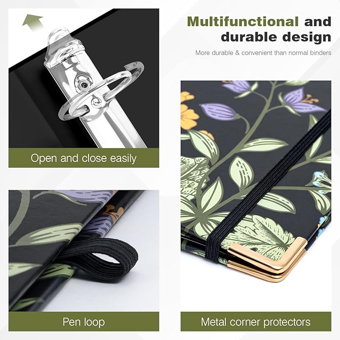 Ospelelf 3 Ring Binder 1.5 Inch, Floral Round Ring Clipboard Binder with 5 Tab Dividers for Letter Size Documents, for School and Office Supplies, Moonlit Blossoms