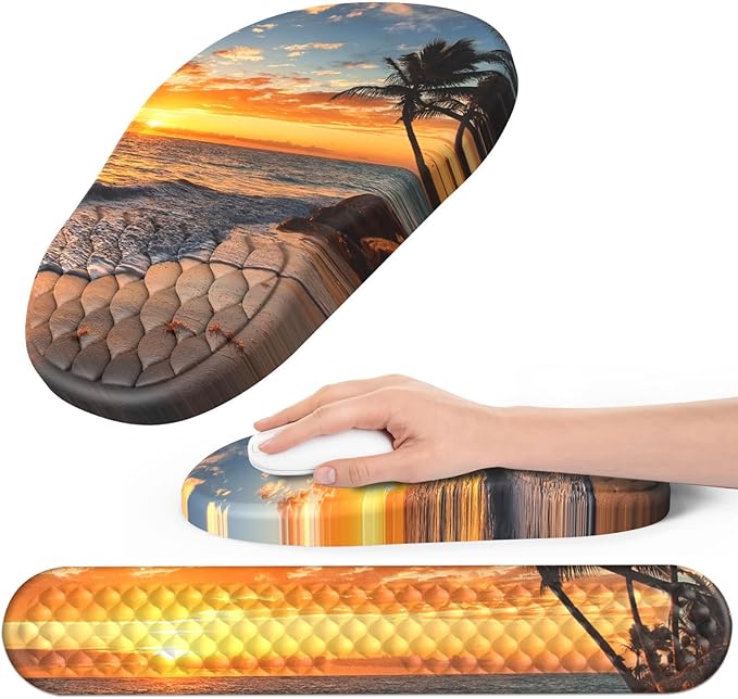 Ergonomic Mouse Pad and Keyboard Wrist Rest with Massage Design, Space-Saving Mouse Pad Wrist Support, Memory Foam Wrist Rest with Non-Slip PU Base for Computer Desk, Beach