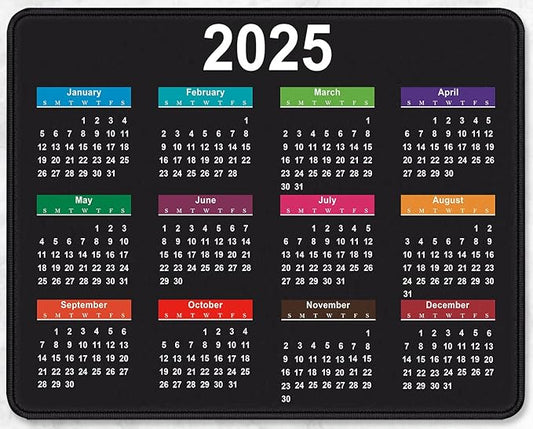 2025 Calendar Rectangular Stitched Edge Office Computer Mouse Pad, Anti Slip Rubber Desktop Gaming Mouse Pad (Black Calendar)