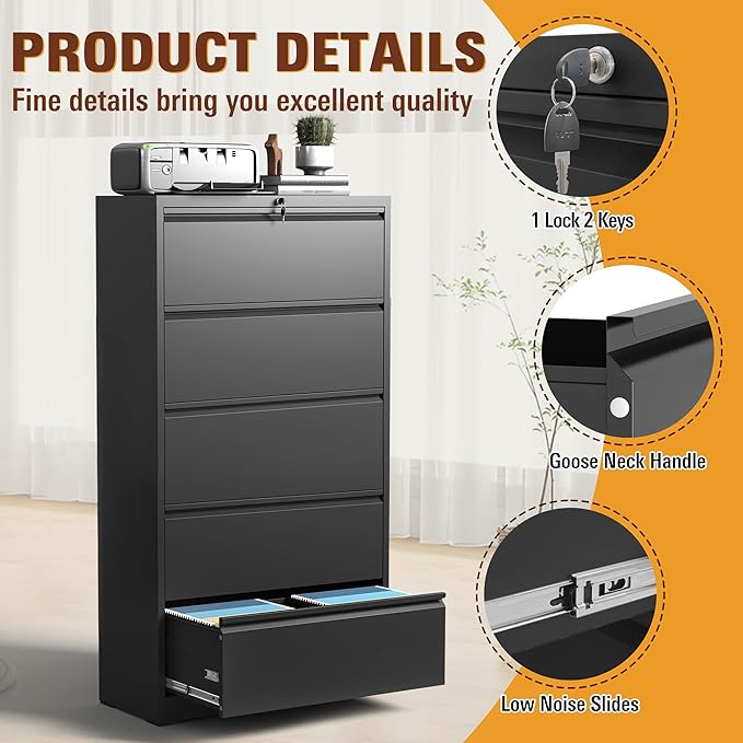 5-Drawer Lateral File Cabinet with Lock, Black Metal Filing Cabinet for Office or Home – Secure Storage for Letter/Legal/A4/F4 Documents, Easy to Assemble Locking File Organizer (Black, 5 Drawer-64"H)