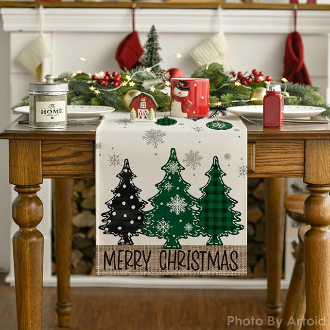 Artoid Mode Green Pine Trees Snowflake Merry Christmas Table Runner, Winter Xmas Holiday Kitchen Dining Table Decoration for Home Party Decor 13x72 Inch
