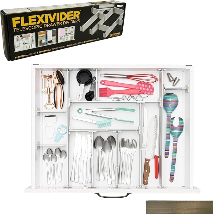 Practical Comfort FLEXIVIDER Aluminum Drawer Organizer - 9 Telescopic Dividers Set - Champagne