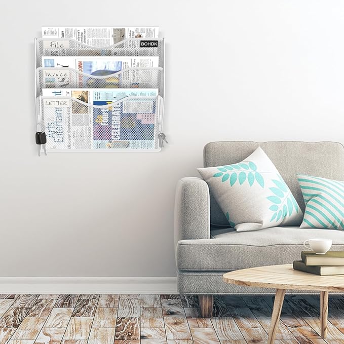 Wall File Organizer, 3 Tire Hanging File Folder Mail Organizer, Vertical Mesh Metal Door/Wall Mount Hanging File Organizer, Paper Document Magazine Rack with Hooks for Home Office White