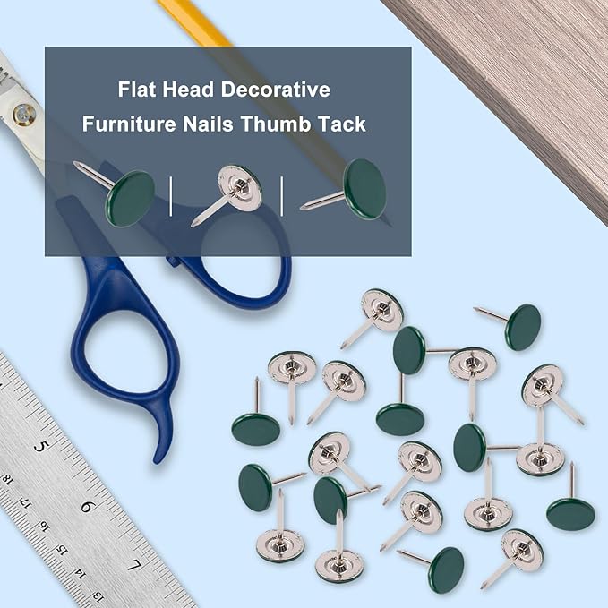 100Pcs Flat Head Upholstery Tacks Home Furniture Decor Tack Upholstery Nails Flat Push Pins Flat Thumb Tacks Green (11mmx17mm)