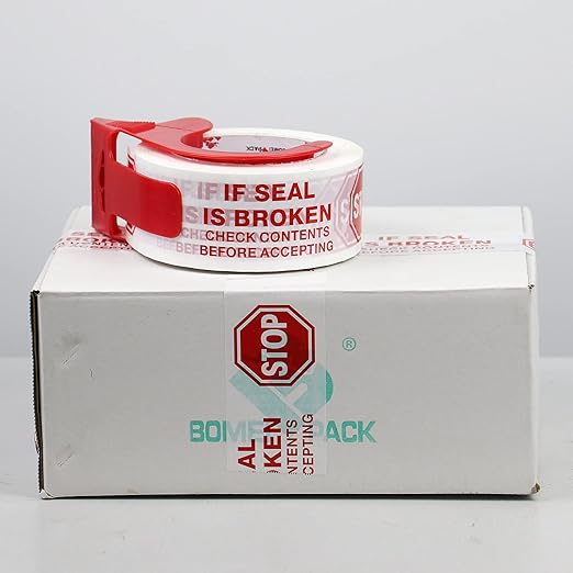Stop Sign Sealing Tape Pre-Printed IF Seal is Broken,Check Contents Before Accepting,Heavy Duty Packing Tape with Dispenser 2 Inch x 110 Yards,Packaging Tape for Moving and Shipping (White)