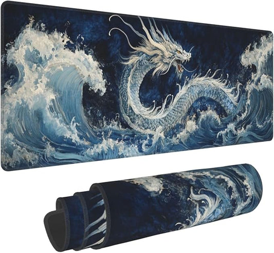 Dragon Wave Mouse Pad 31.5 X 11.8 Inch Big Desk Rubber Base Stitched Edges Keyboard Pad XXL Mouse Mat for Home Game and Office
