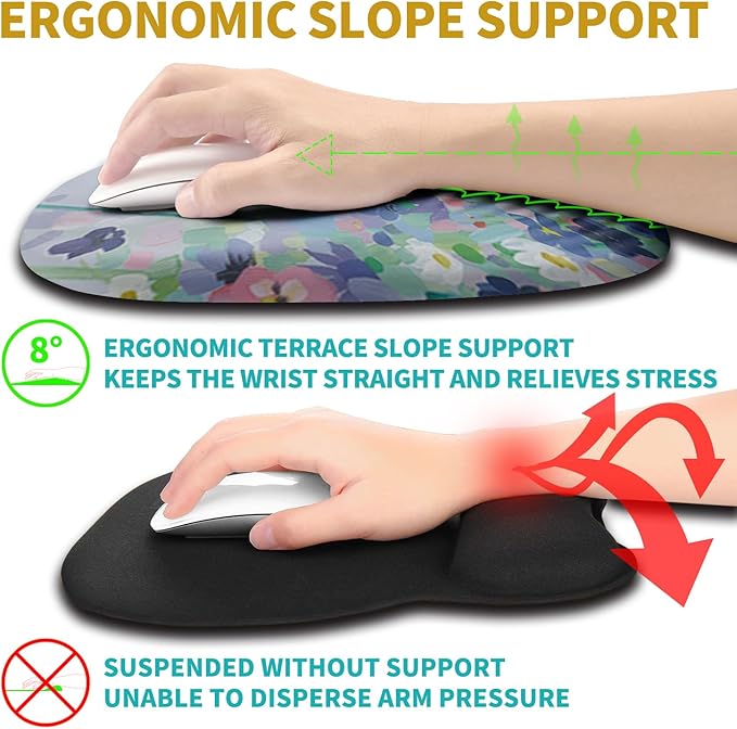 Hokafenle Ergonomic Mouse Pad Wrist Support with Stepped-Wedge Design, Wrist Rest Pain Relief Mousepad Filled with Memory Foam, Carpal Tunnel Mousepad for Wireless Mouse(12x8 inch, Painting Flowers)